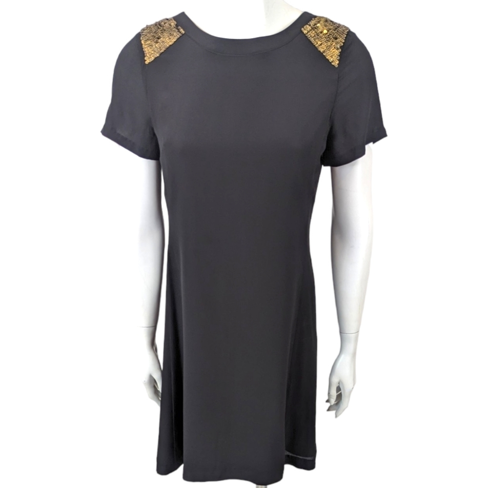 Madewell Silk Sequin Mini Dress Womens 2 Black Gold Cocktail Party Short Sleeve - Picture 1 of 11